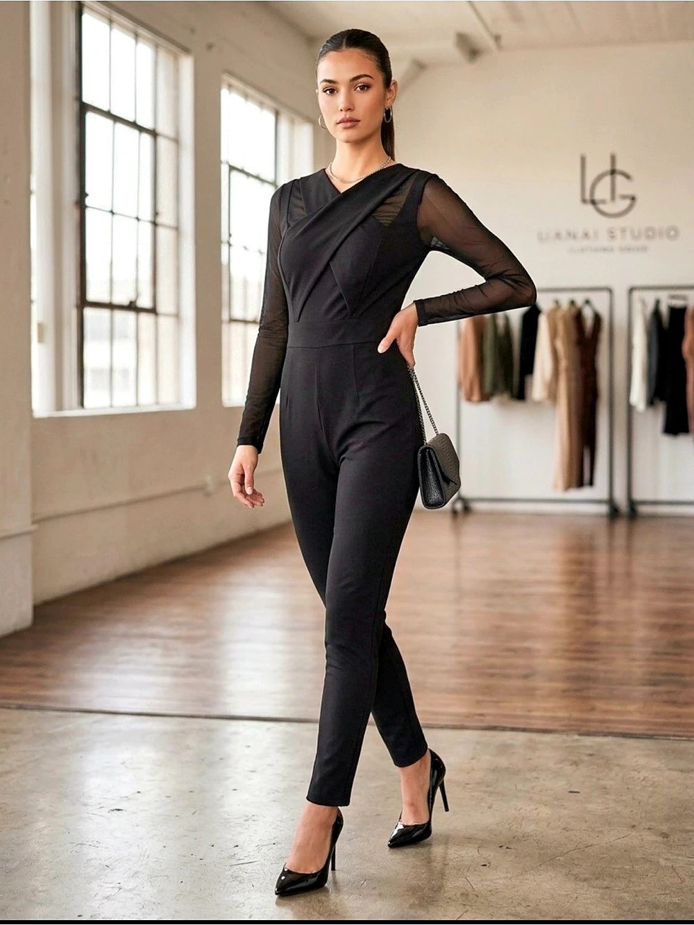 bebe Square Neck Mesh Long Sleeve Jumpsuit Black Small